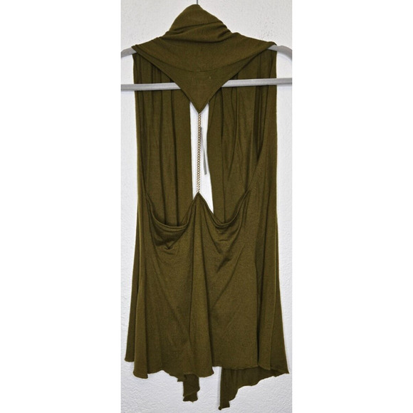 Cache Y2K Cardigan Vest M/L Olive Green Wool Slouchy Open Chain Back Sweater Top - Picture 2 of 9